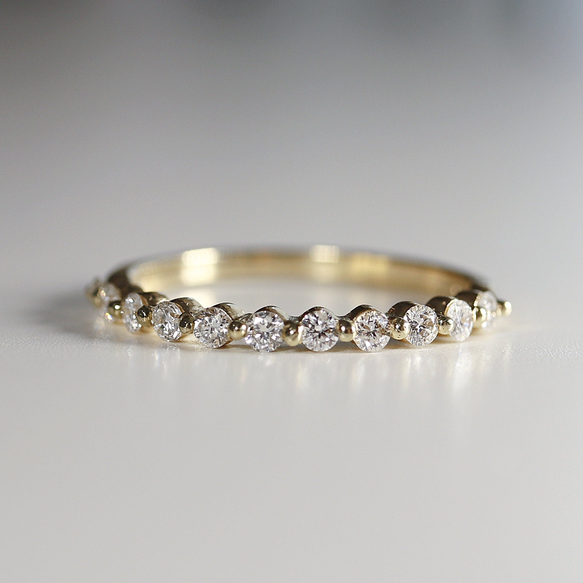 Shared Prong Diamond Wedding Band, 14k Solid Gold Floating Diamond Ring