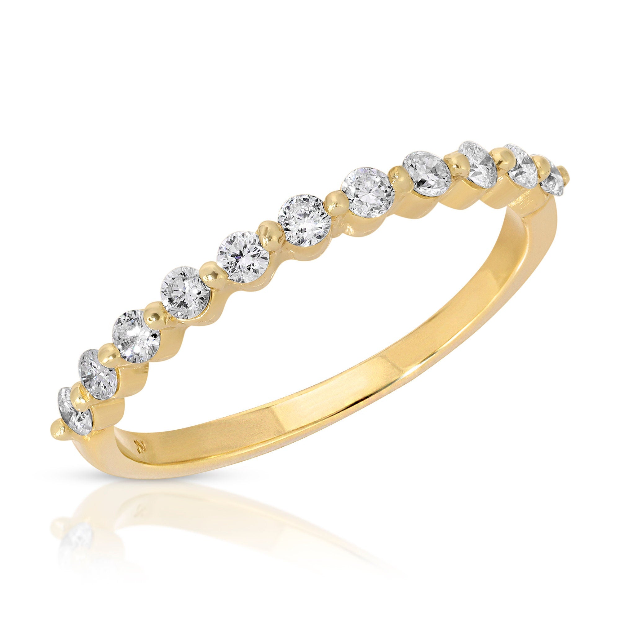 Shared Prong Diamond Wedding Band, 14k Solid Gold Floating Diamond Ring