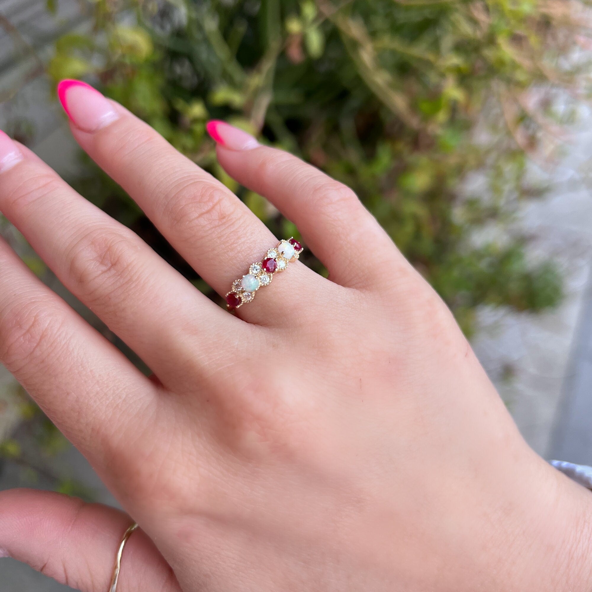 Opal, Ruby and Diamond Half Eternity Ring