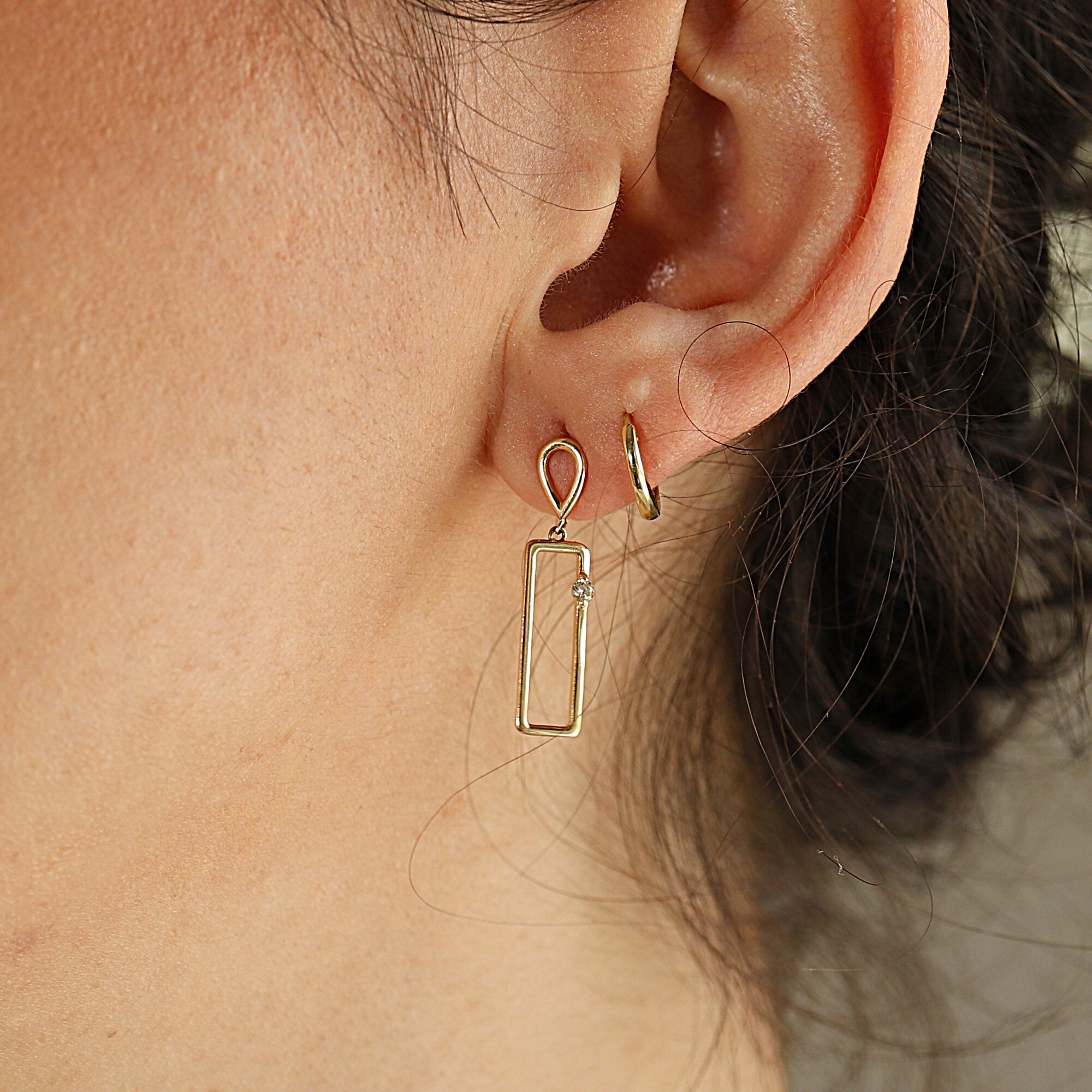 14k Gold Dangle Earrings, Geometric Diamond Earring