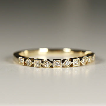 Art Deco Vintage Style Diamond Wedding Band 14k Solid Gold with 13 Natural Milgrain Diamonds / Total 0.19 carats