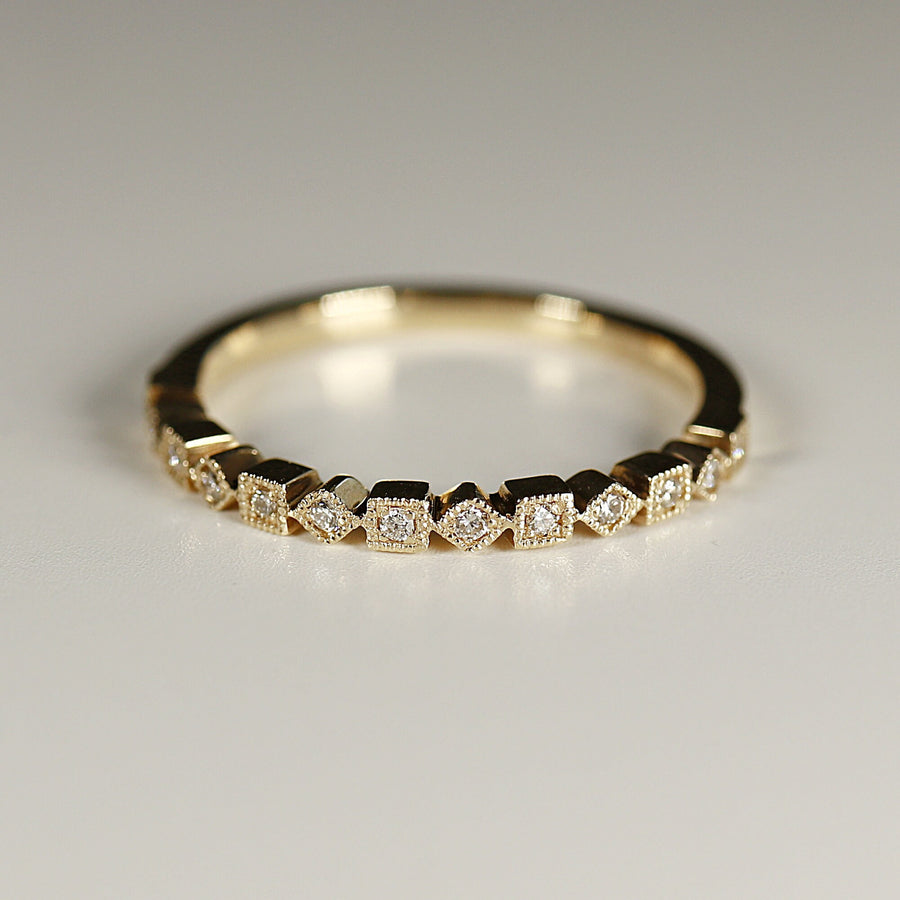Art Deco Wedding Band 14k Solid Gold, Milgrain Diamond Wedding Ring