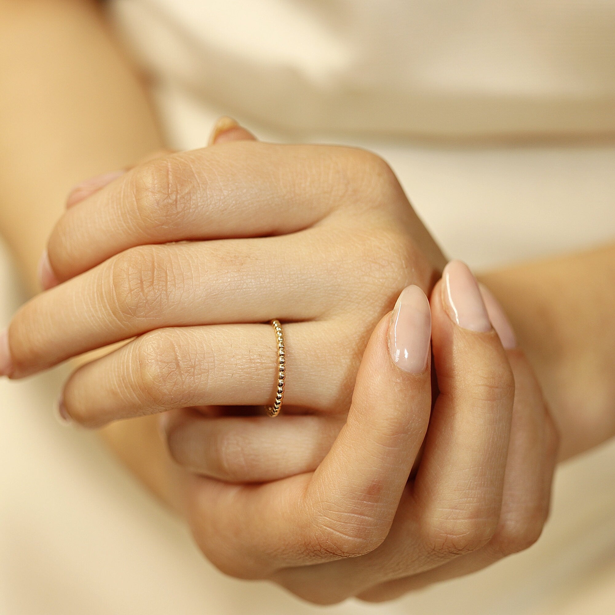 14k Gold Beaded Ring, Dainty Beaded Stacking Ring, Midi Ring