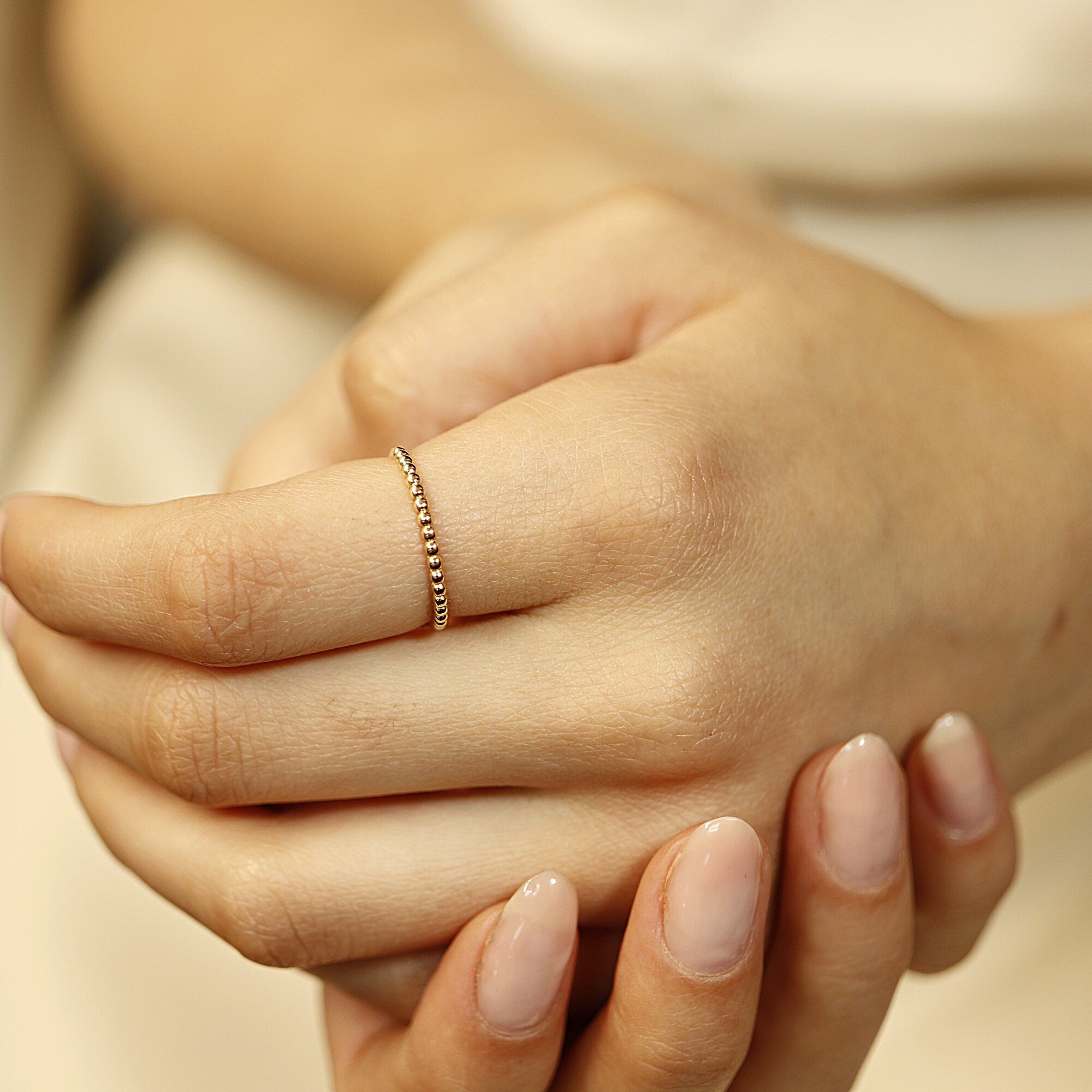 14k Gold Beaded Ring, Dainty Beaded Stacking Ring, Midi Ring