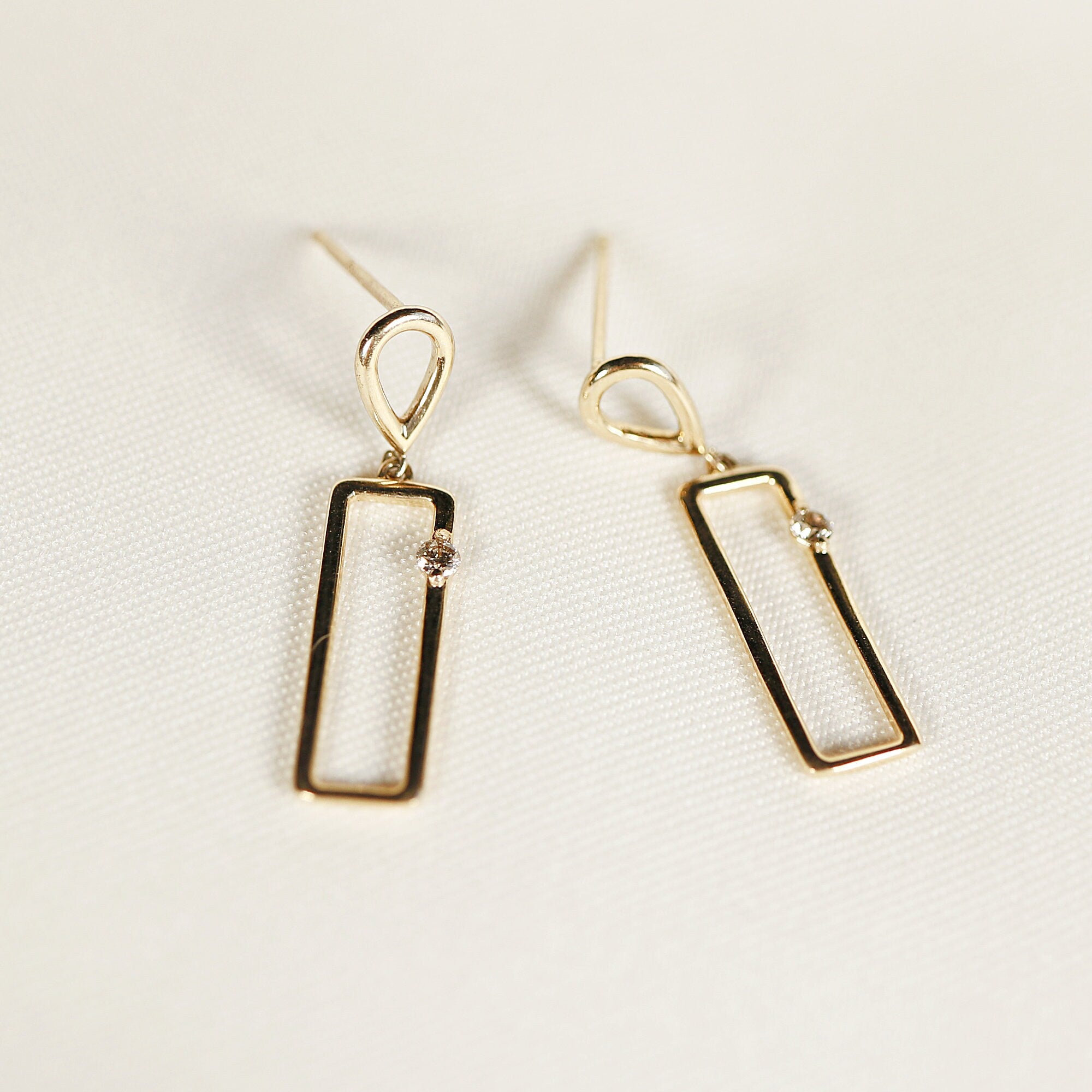 14k Gold Dangle Earrings, Geometric Diamond Earring