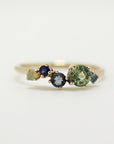 14k Gold Gemstone Cluster Ring, Peridot, Aquamarine, Teal Sapphire, Blue Sapphire, Opal Ring, Multiple Gemstone Ring