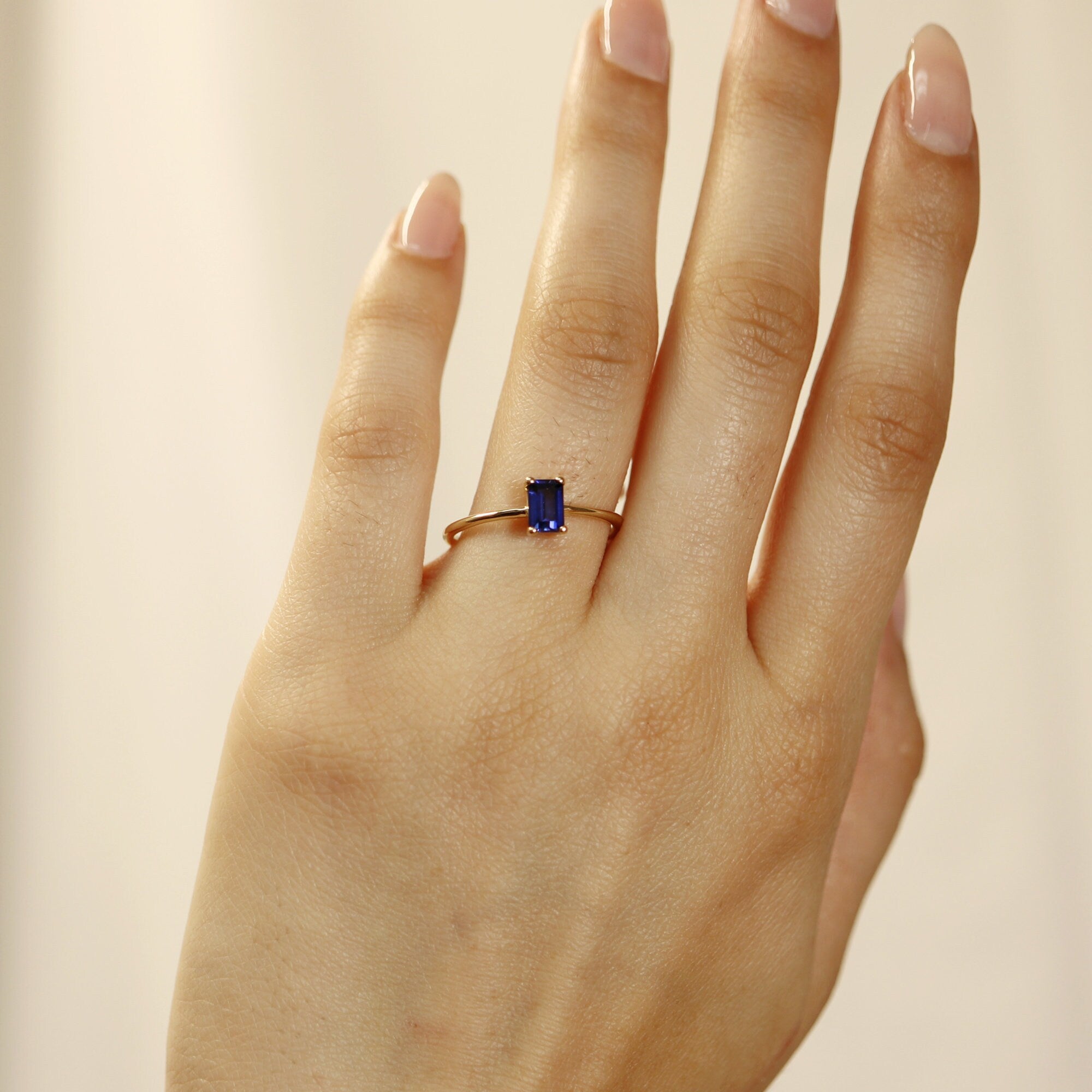 Blue Sapphire Engagement Ring 14k Gold, Emerald Cut Sapphire Ring, Minimalist