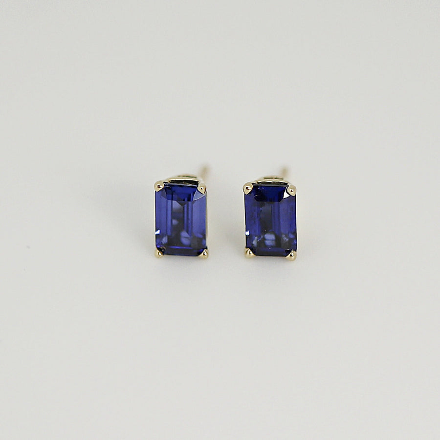 Blue Sapphire Earrings, 14k Gold Emerald Cut Sapphire Earrings