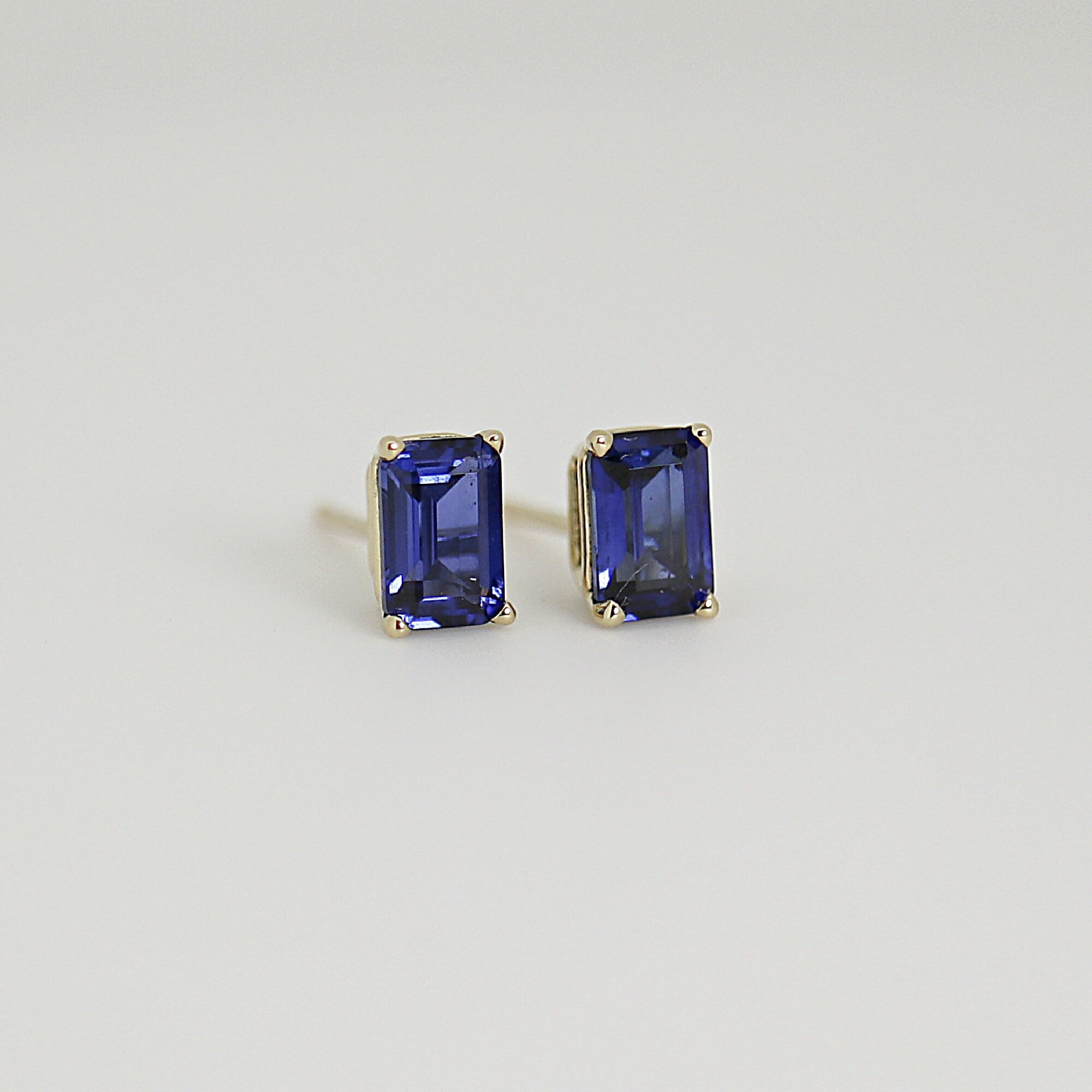 Blue Sapphire Earrings, 14k Gold Emerald Cut Sapphire Earrings