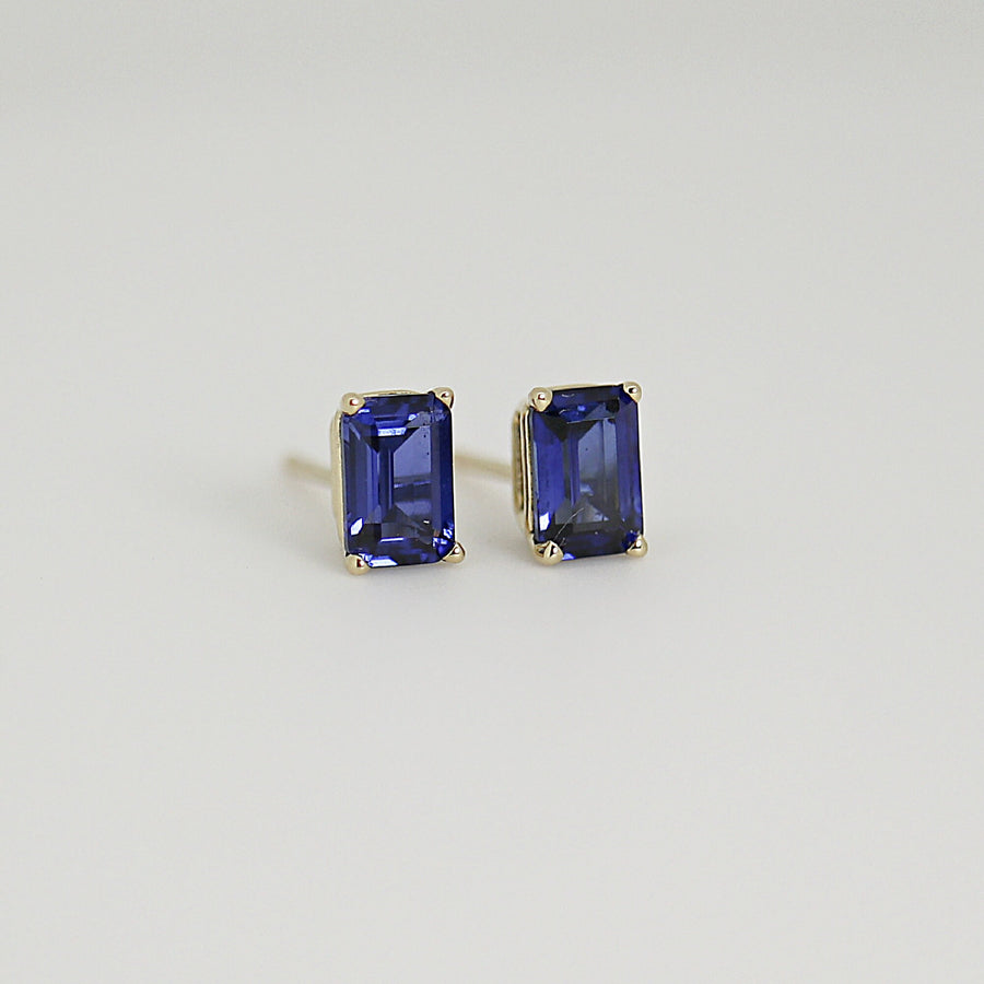 Blue Sapphire Earrings, 14k Gold Emerald Cut Sapphire Earrings