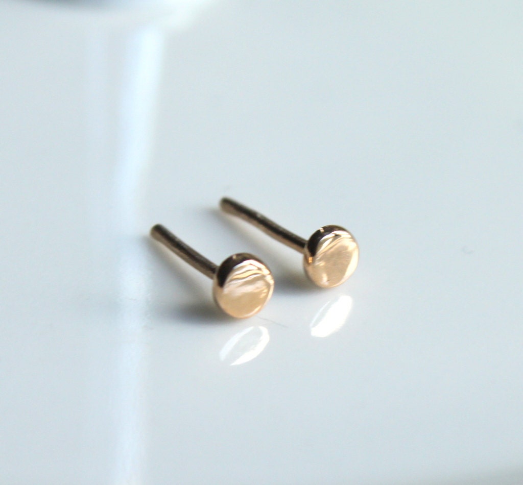 14k Solid Rose Gold Dainty Geometric Round Stud Earrings