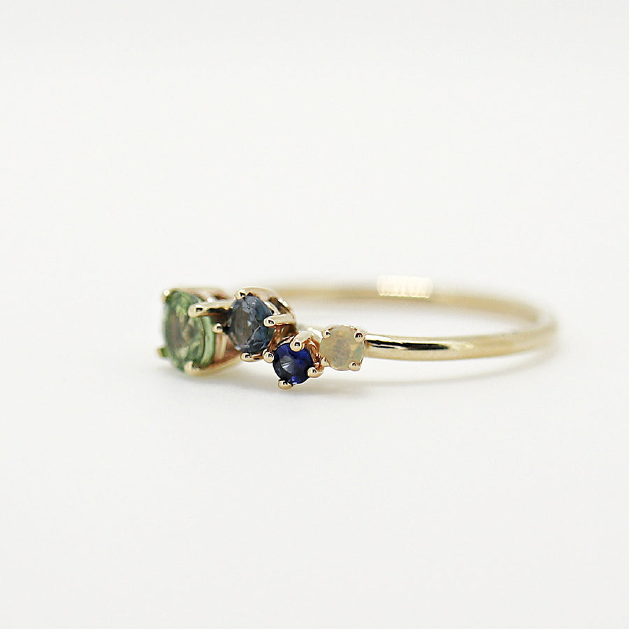 14k Gold Gemstone Cluster Ring, Peridot, Aquamarine, Teal Sapphire, Blue Sapphire, Opal Ring, Multiple Gemstone Ring