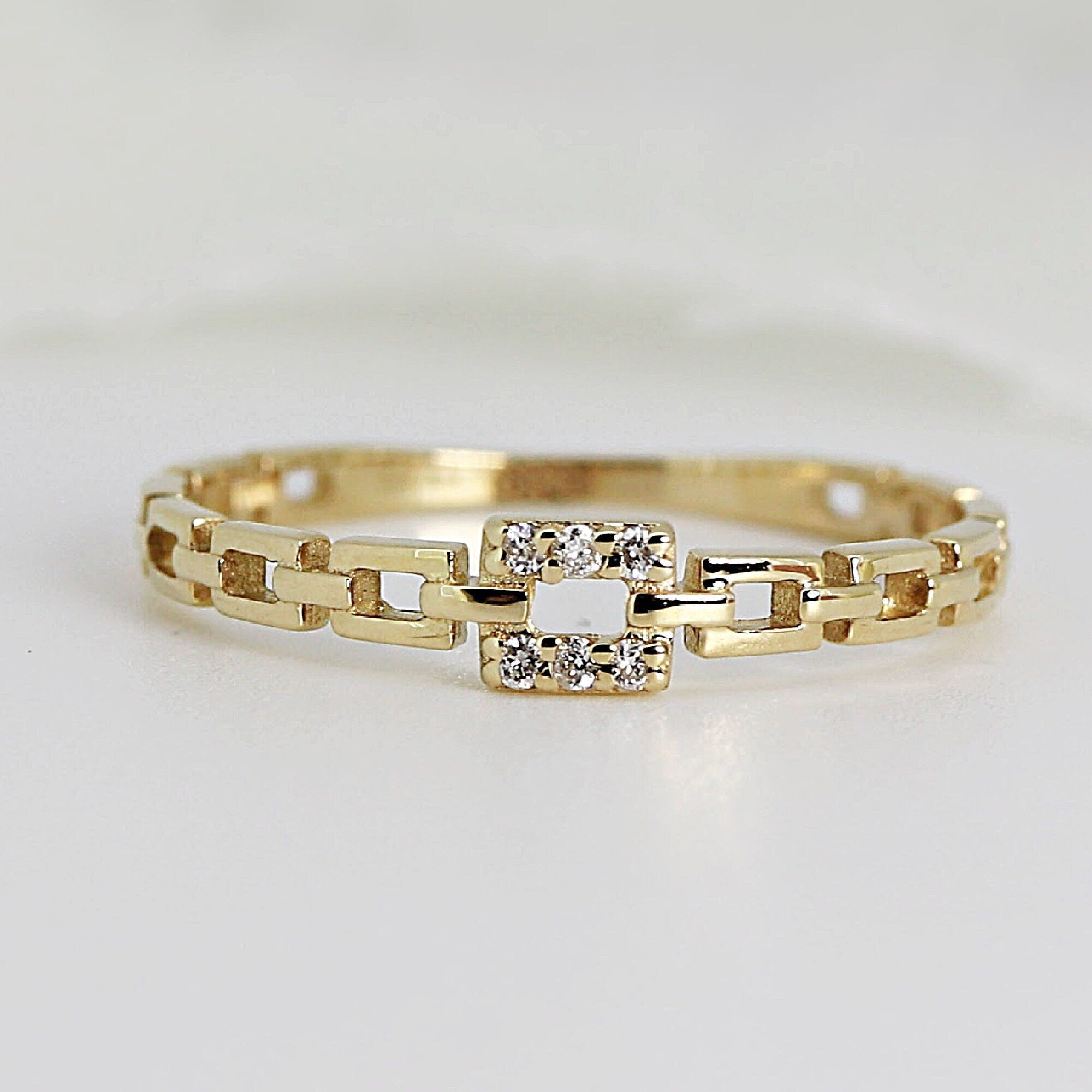 14k Solid Gold Rectangular Chain Link Diamond Ring