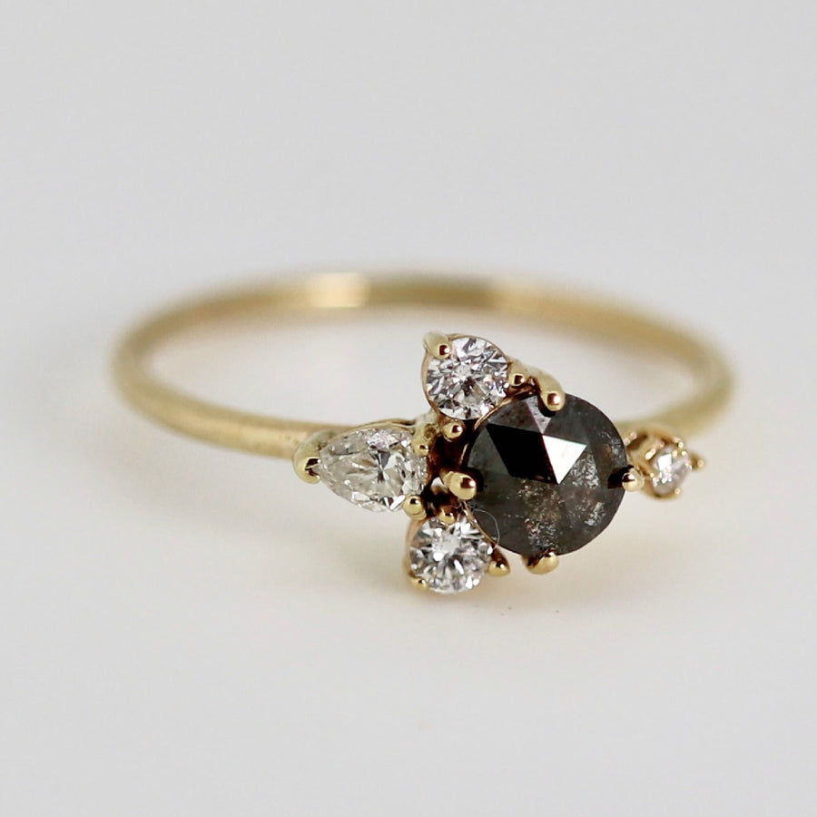 Handcrafted Rose Cut Salt and Pepper Diamond Cluster Ring