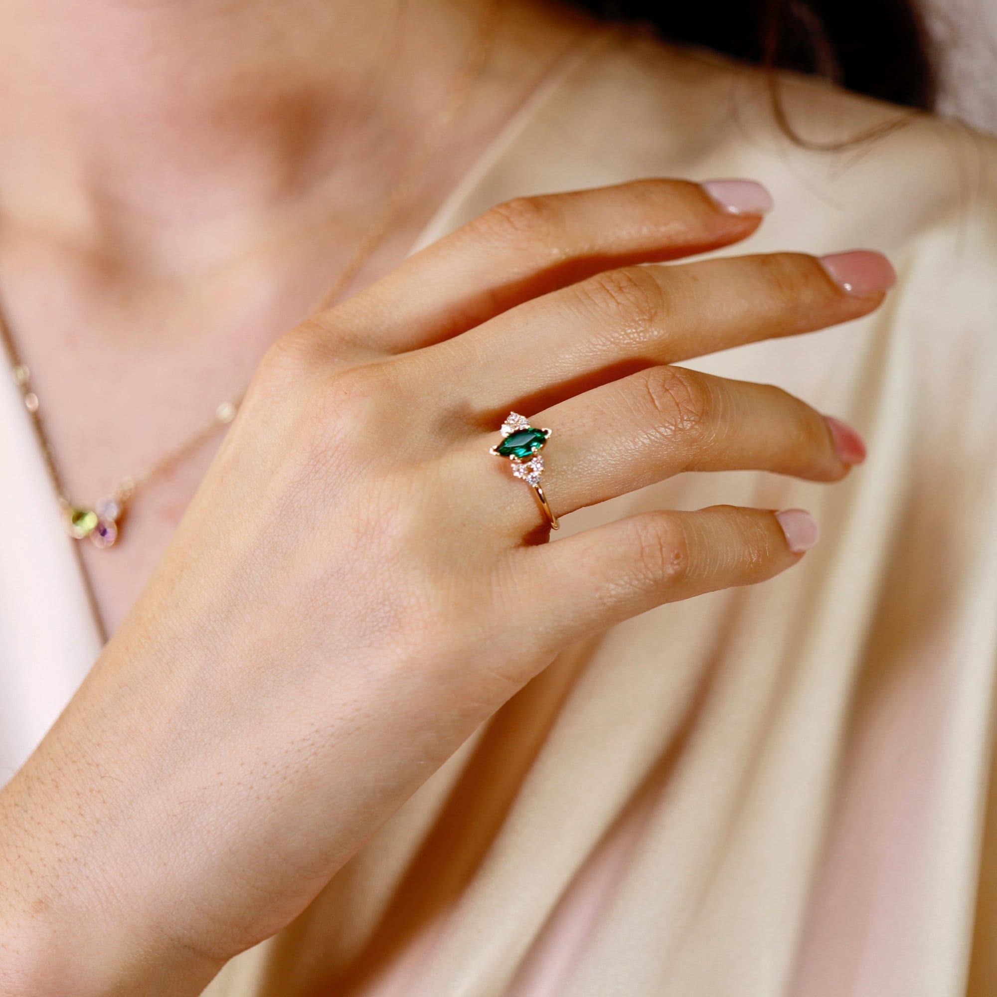 14k Gold Marquise Cut Emerald and Diamond Ring