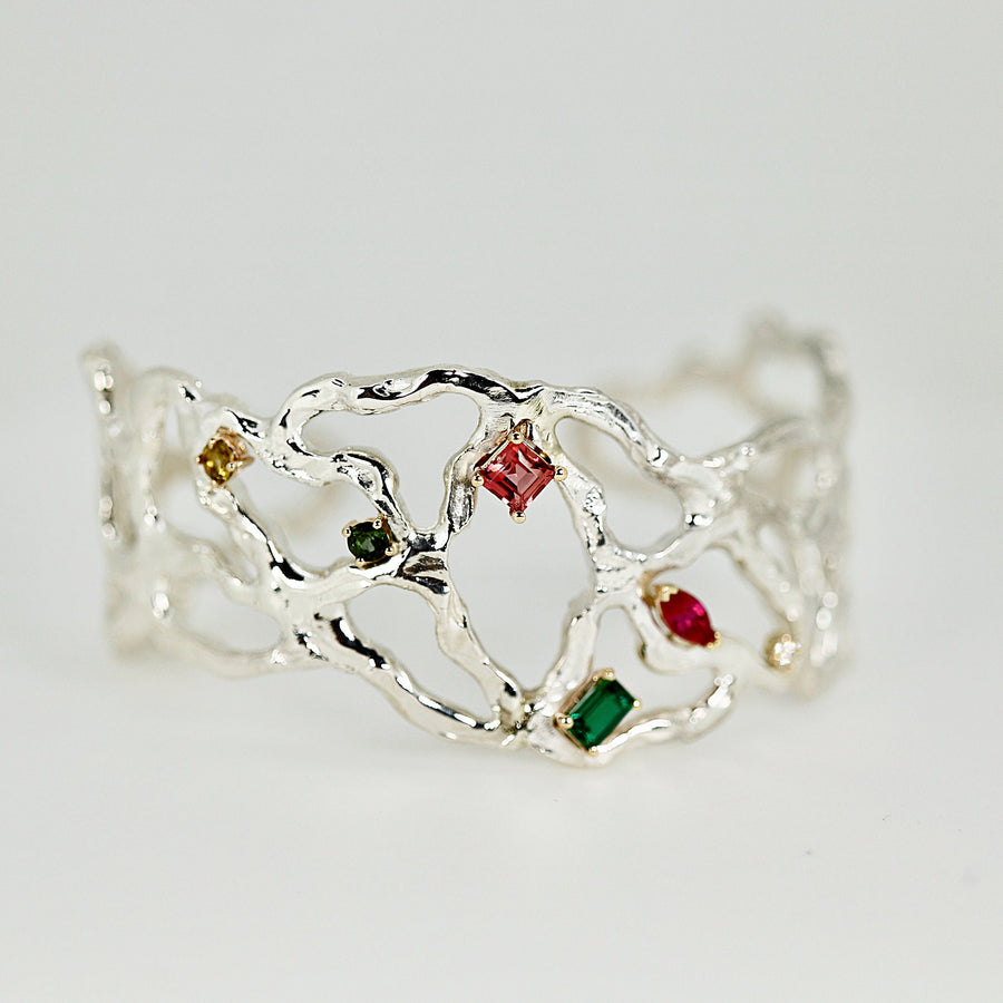 Sterling Silver and Gemstones Cuff Bracelet, Statement Cuff, Handmade Designer Cuff Bracelet, Emerald, Tourmaline, Ruby, Diamond Bracelet