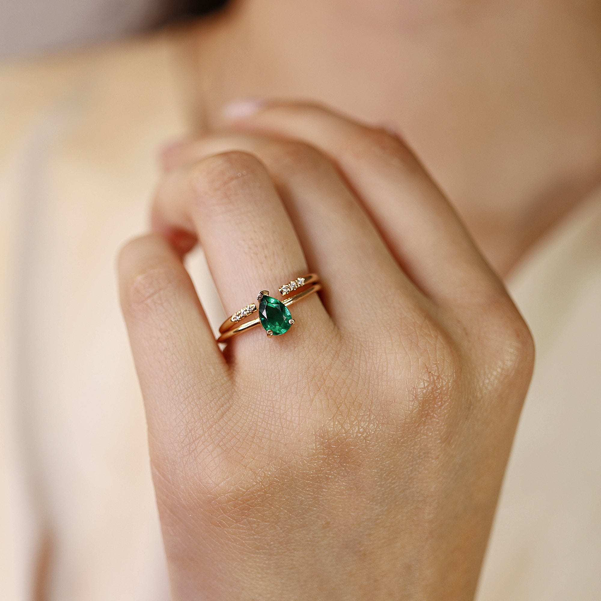 14k Gold Emerald Ring, Pear Cut Emerald Ring