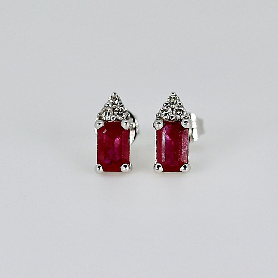 Natural Ruby and Diamond Earrings 14k Gold, Emerald Cut Ruby and Diamond Stud Earrings, July Birthstone Earrings, 40th Anniversary Gift