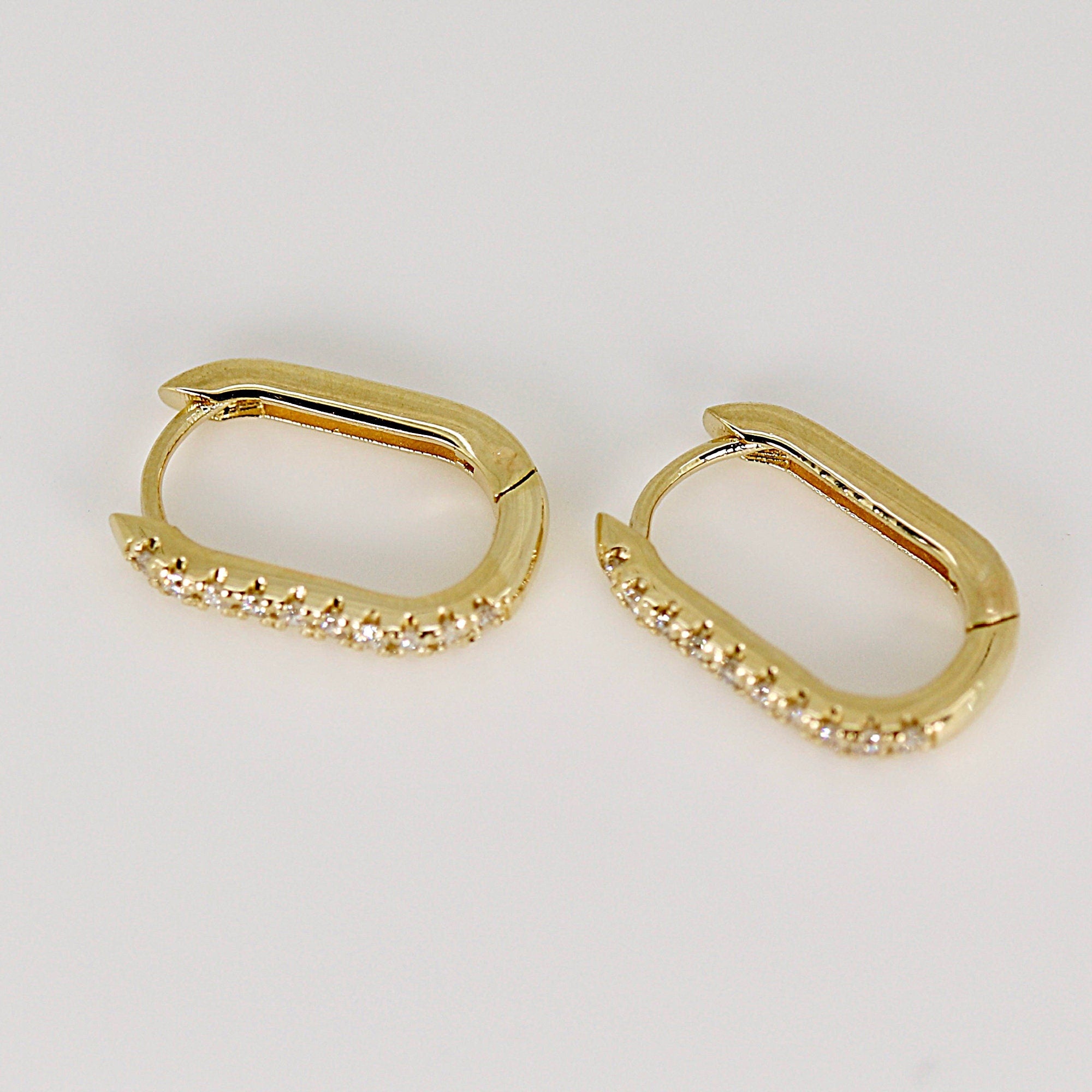 14k Gold U Shape Diamond Hoops Earrings, Natural Diamond Rectangle Hoop Earrings