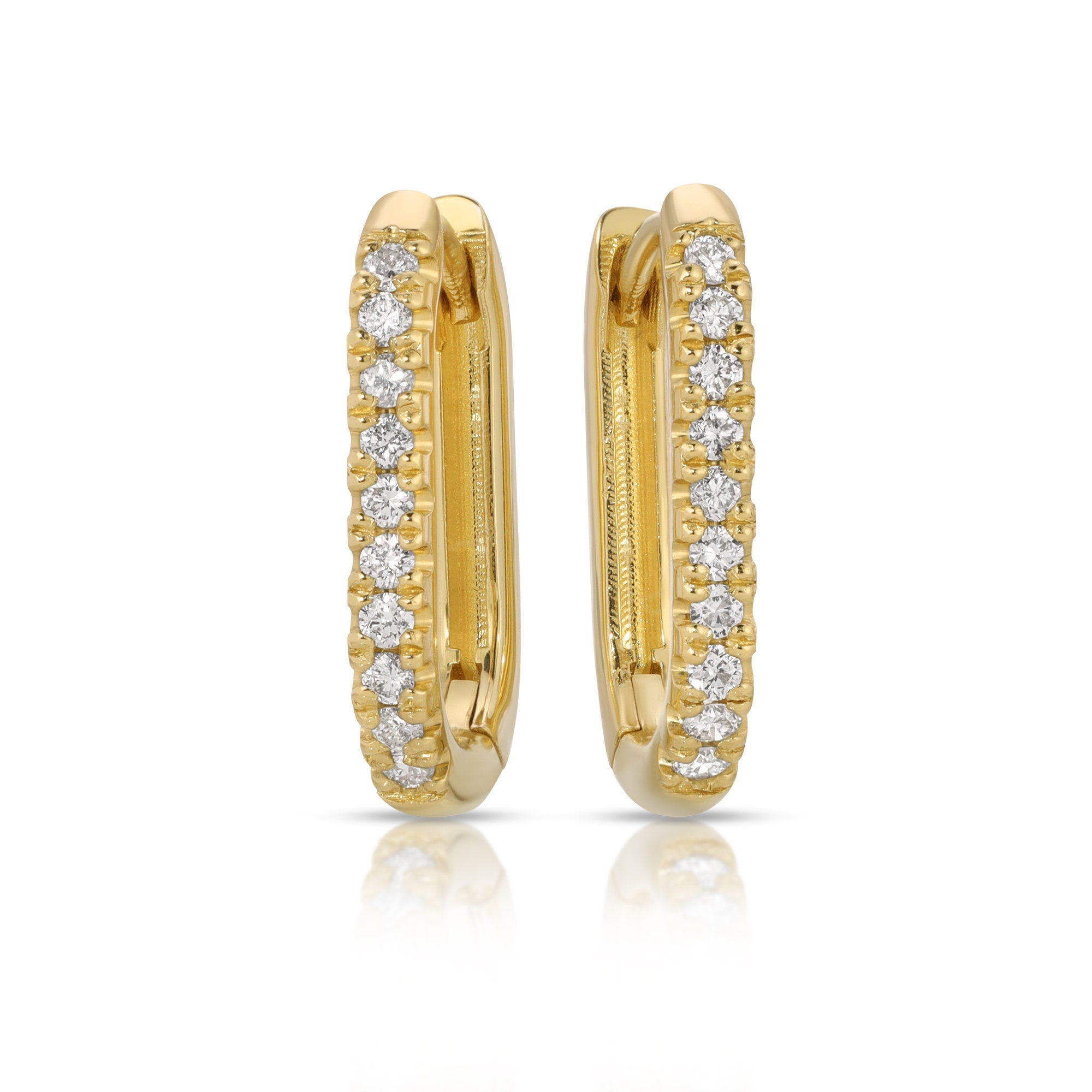 14k Gold U Shape Diamond Hoops Earrings, Natural Diamond Rectangle Hoop Earrings