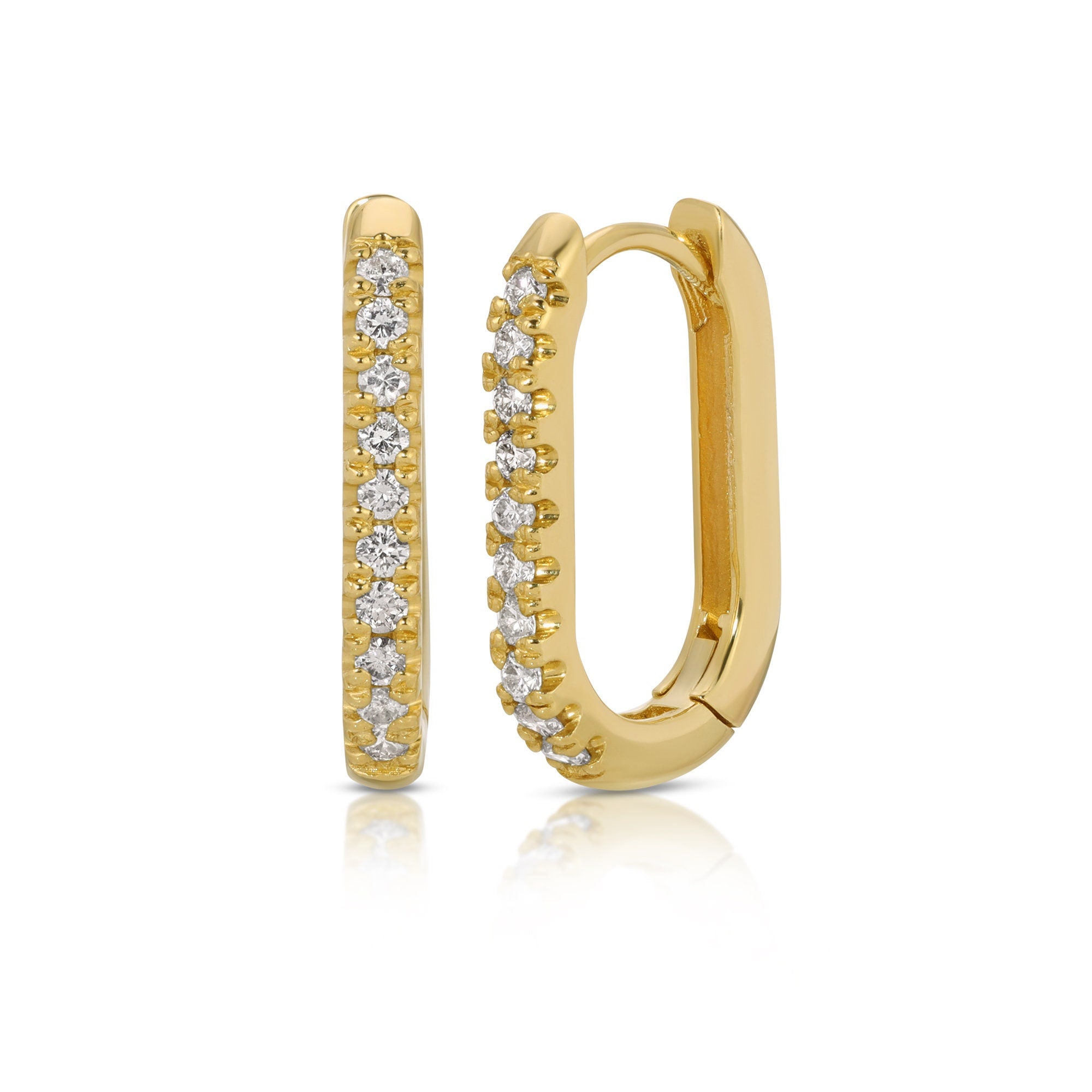 14k Gold U Shape Diamond Hoops Earrings, Natural Diamond Rectangle Hoop Earrings