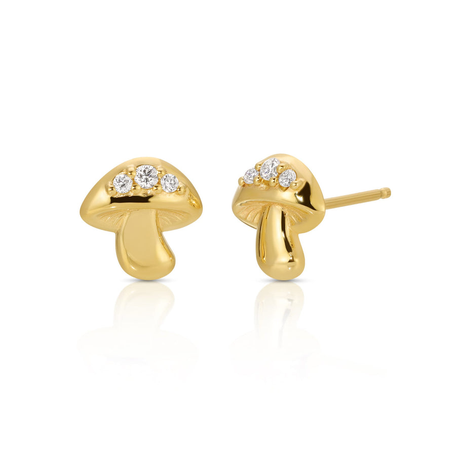 14k Gold Mushroom Stud Earrings, Diamond Magic Mushroom Earrings