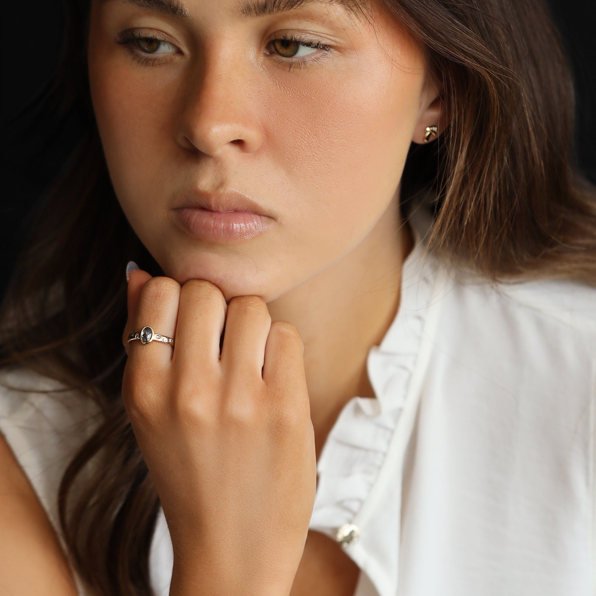 Salt and Pepper Diamond Ring 14k Gold, Rose Cut Bezel Setting Oval Diamond Ring with flush set diamonds