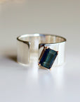 Indicolite Blue Tourmaline Ring, Mix Metal, Sterling Silver Wide Band, 14k Gold Setting, Art Deco Statement Ring, October Birthstone Ring