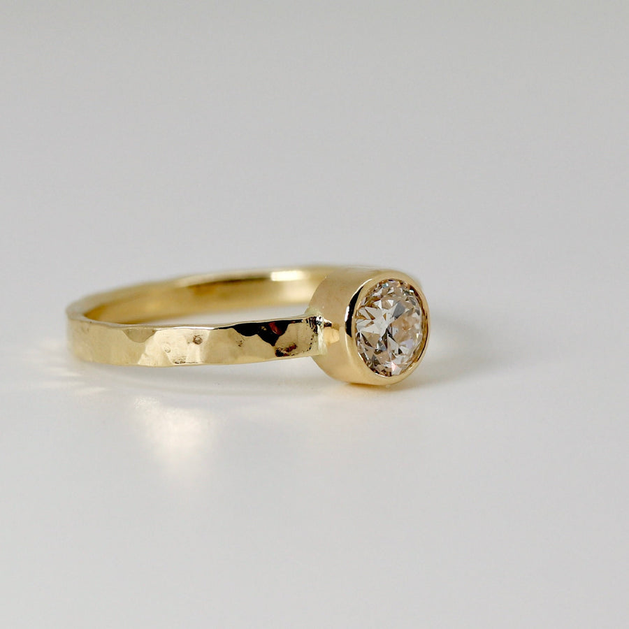 Bezel Natural Diamond Ring 14k Gold, Solid Yellow Gold Diamond Ring, Solitaire Diamond Ring, Diamond Stacking Ring, Thick Hammered Band