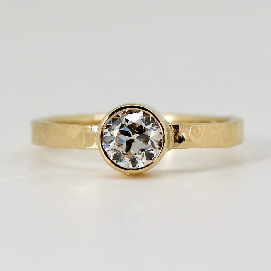 Bezel Natural Diamond Ring 14k Gold, Solid Yellow Gold Diamond Ring, Solitaire Diamond Ring, Diamond Stacking Ring, Thick Hammered Band