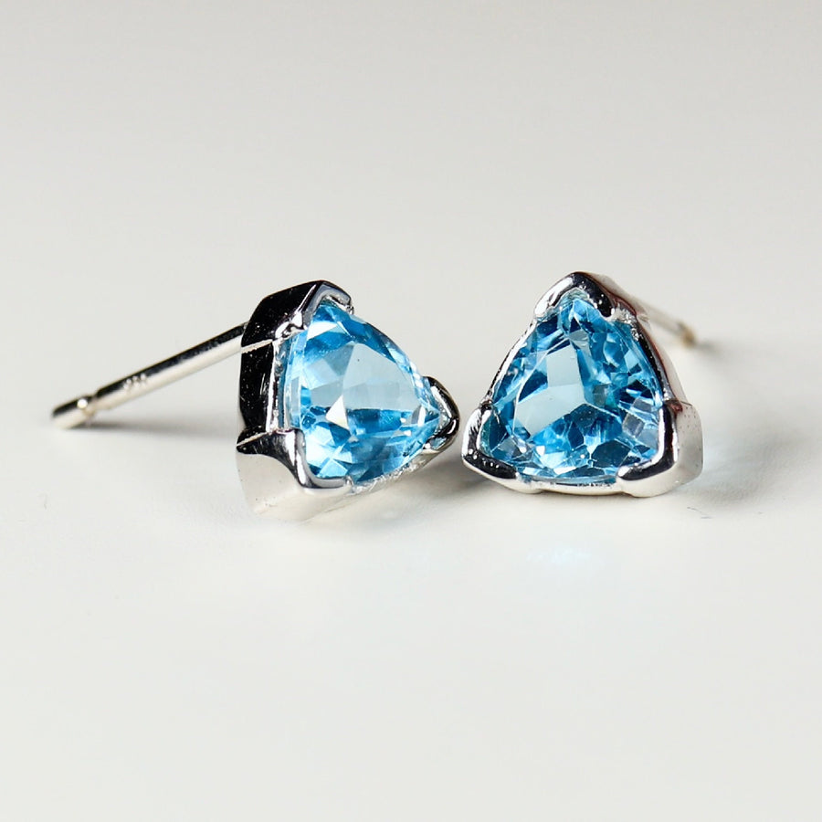 Trillion Blue Topaz Stud Earrings Sterling Silver, Large 7 mm Blue Topaz Stud Earrings, Handmade Fine Jewelry, November Birthstone Earrings