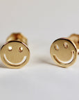 Smiley Face Stud Earrings 14k Solid Gold, Tiny Gold Studs