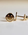 Smiley Face Stud Earrings 14k Solid Gold, Tiny Gold Studs