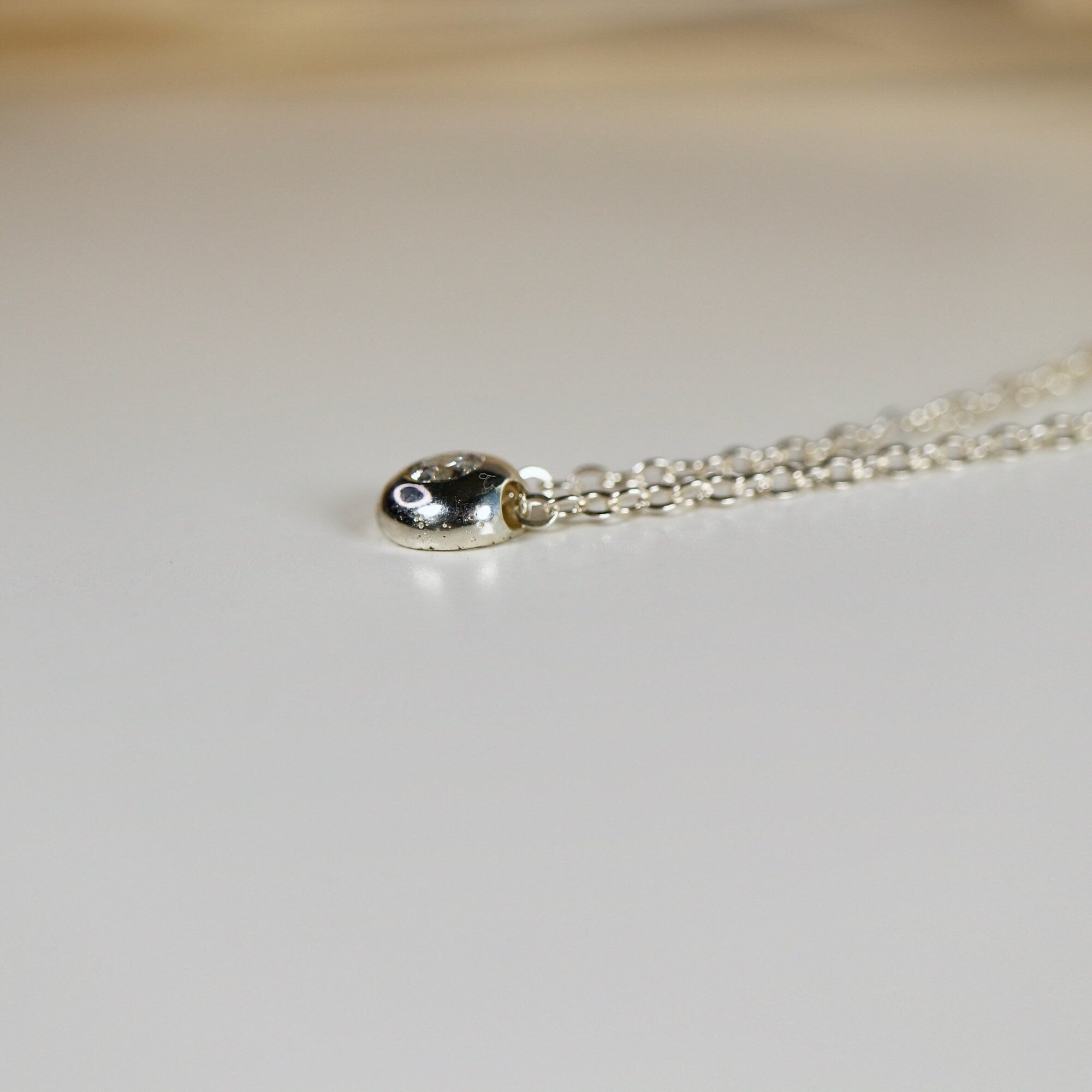 Sterling Silver Pebble Necklace, Handmade Necklace, Silver and Cz Floating Pebble Necklace, Silver Flush Set Necklace