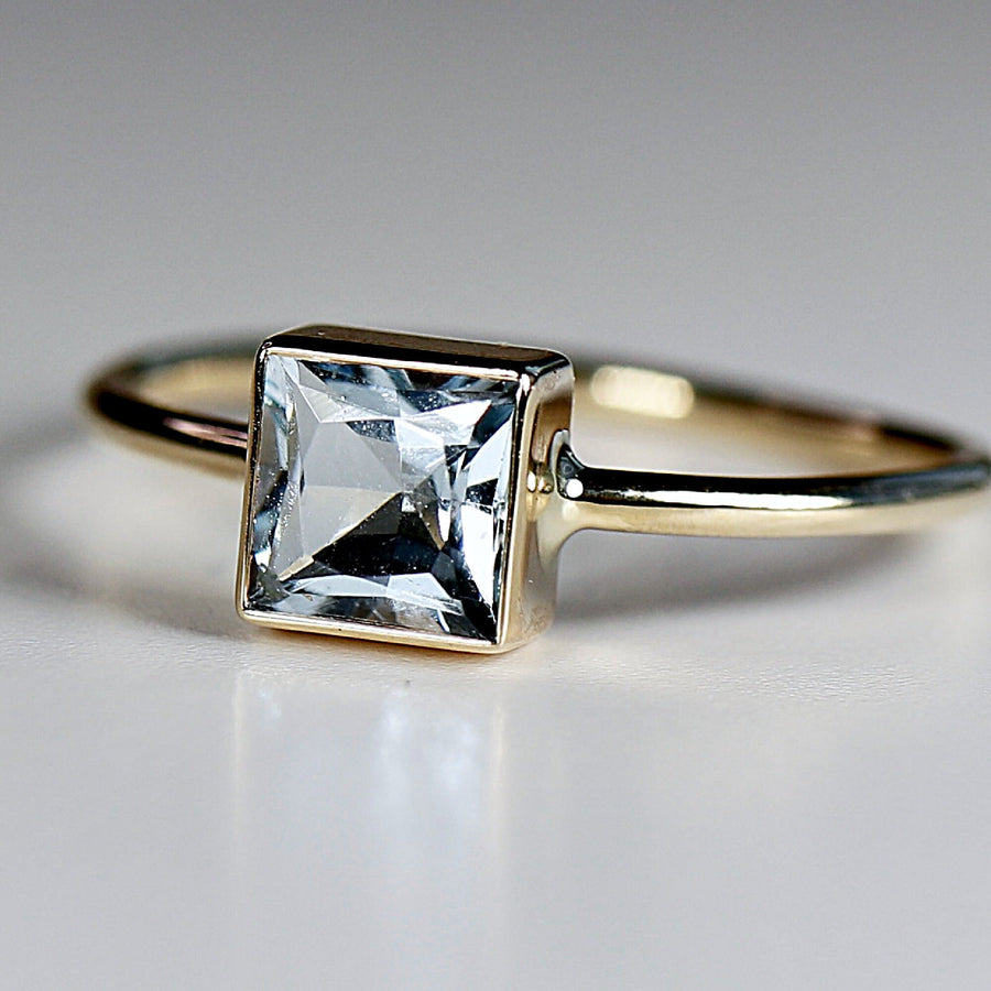Princess Cut Aquamarine Ring 14k Gold, Handmade Bezel Set Ring, March Birthstone Ring, Art Deco Gemstone Ring, Minimalist Jewelry