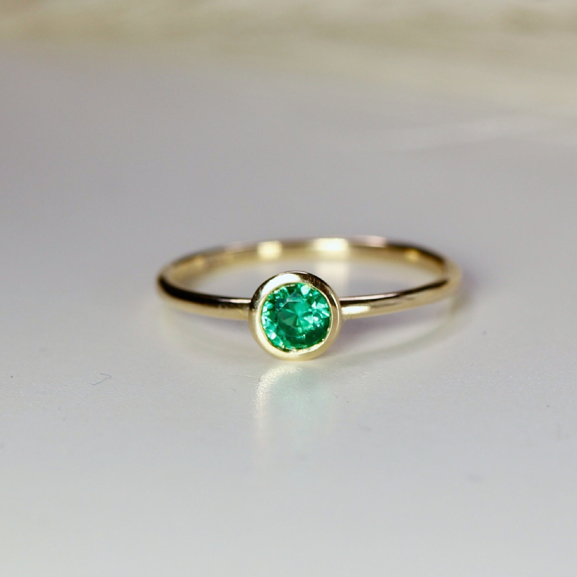 14k Gold Emerald Ring, Stacking Minimalist Gemstone Ring, Green Gemstone Ring, Gold Birthstone Stacking Ring May Birthstone