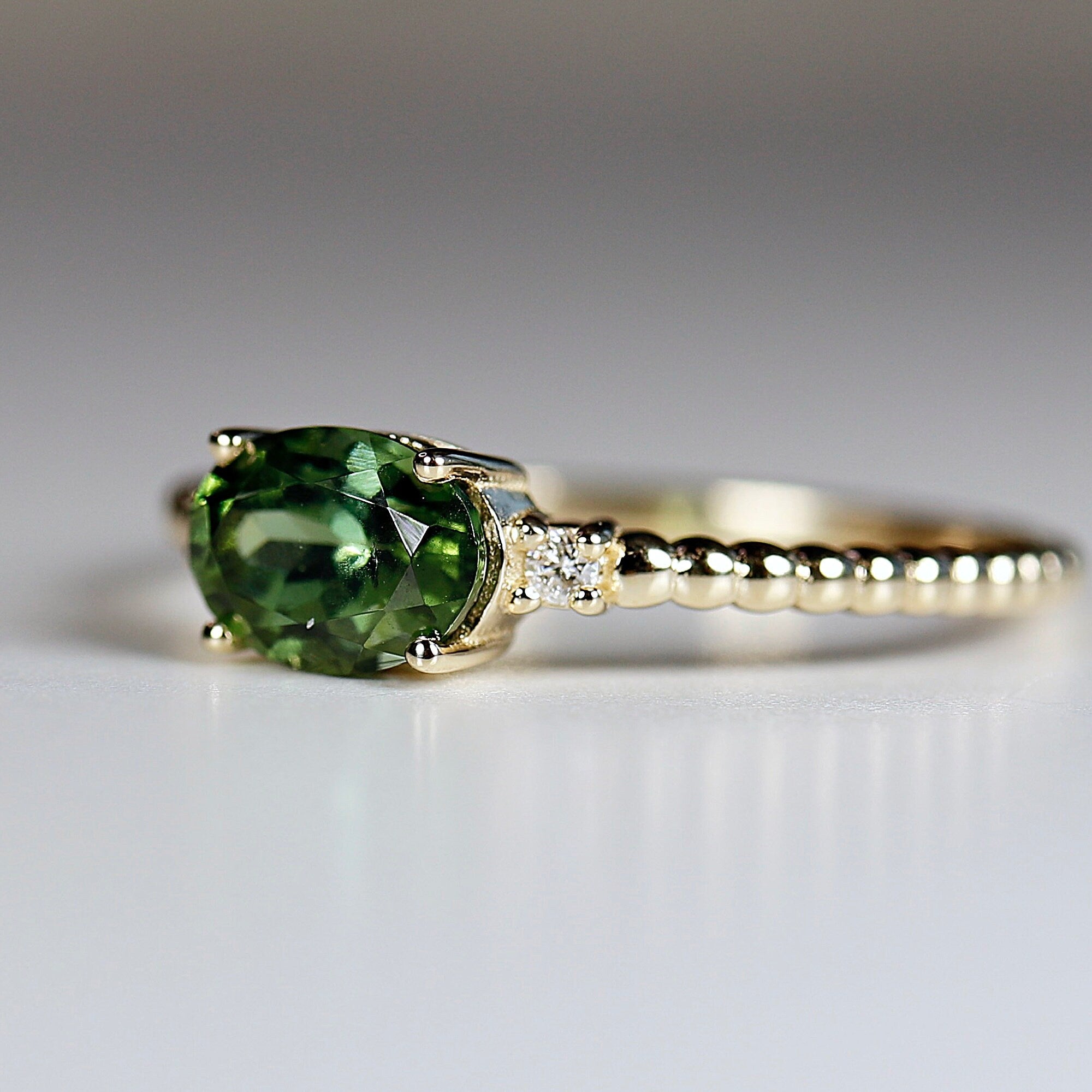 Diamond &amp; Green Tourmaline Engagement Ring, 14k Solid Gold Oval Tourmaline Ring, Gold Tourmaline Ring, Anniversary Ring, Gift For Her