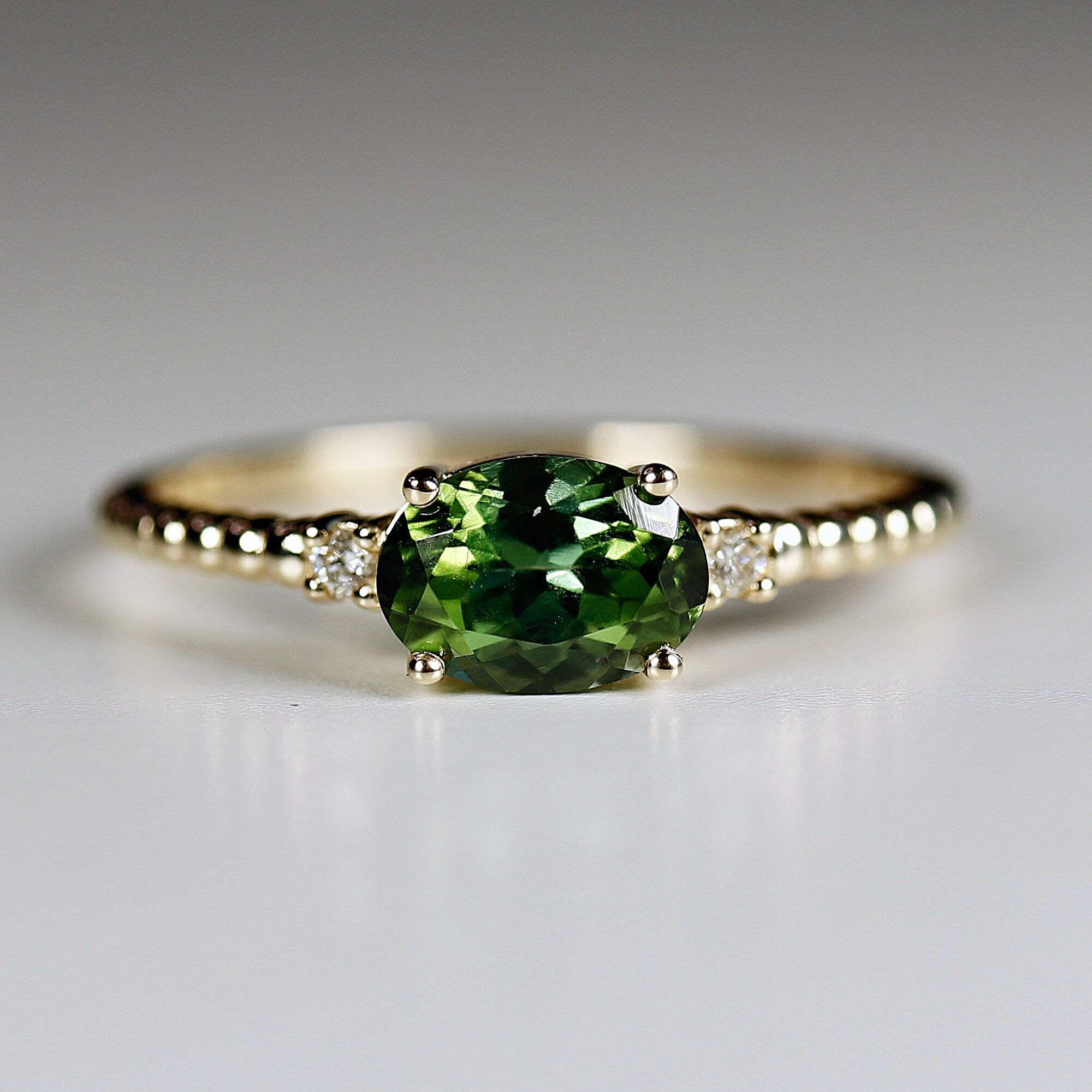 Diamond & Green Tourmaline Engagement Ring, 14k Solid Gold Oval Tourmaline Ring, Gold Tourmaline Ring, Anniversary Ring, Gift For Her