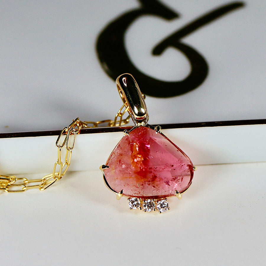 Pink Tourmaline Diamonds Necklace 14k Gold, Rose Cut Pink Tourmaline Pendant, Solid Gold Pink Necklace, October Birthstone