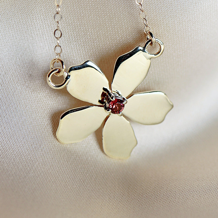 Sakura Necklace 14k Solid Gold, Cherry Blossom Charm Pendant, Floral Garnet Necklace, Flower Jewelry, Nature Inspired, Nature Lover Gift