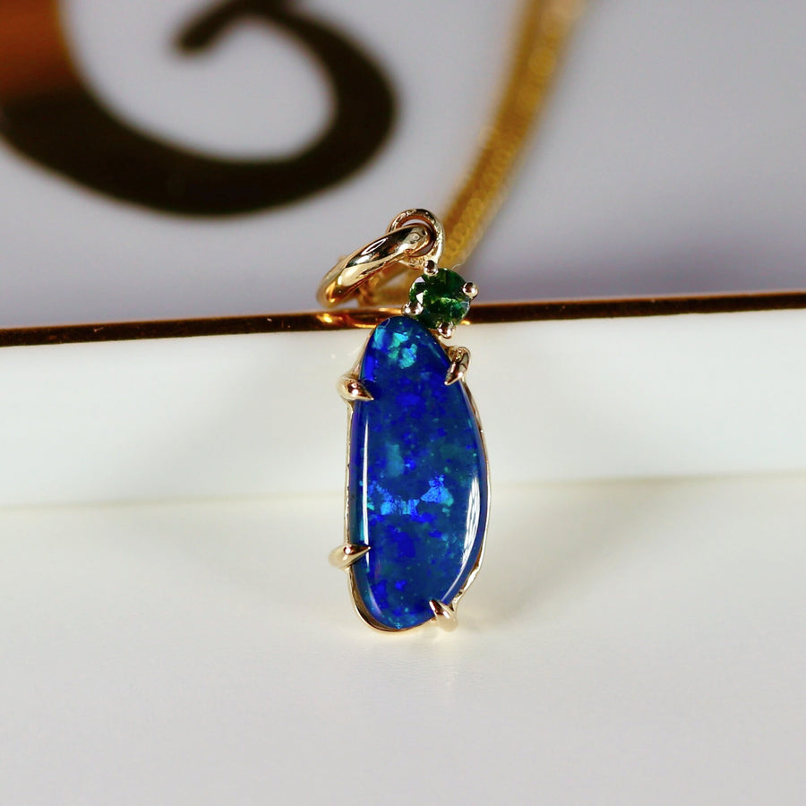 Boulder Opal w Sapphire Pendant 14k Solid Gold, October Birthstone, Gold Blue Fire Opal Necklace, Australian Opal Necklace, Gift For Her