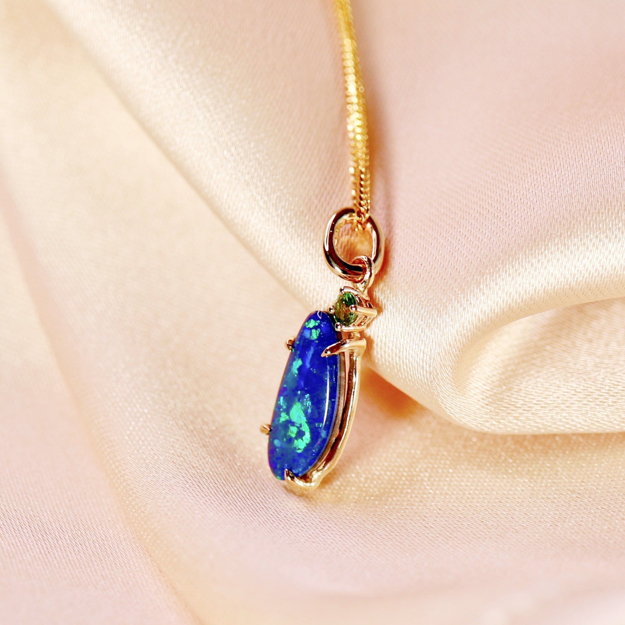 Boulder Opal w Sapphire Pendant 14k Solid Gold, October Birthstone, Gold Blue Fire Opal Necklace, Australian Opal Necklace, Gift For Her