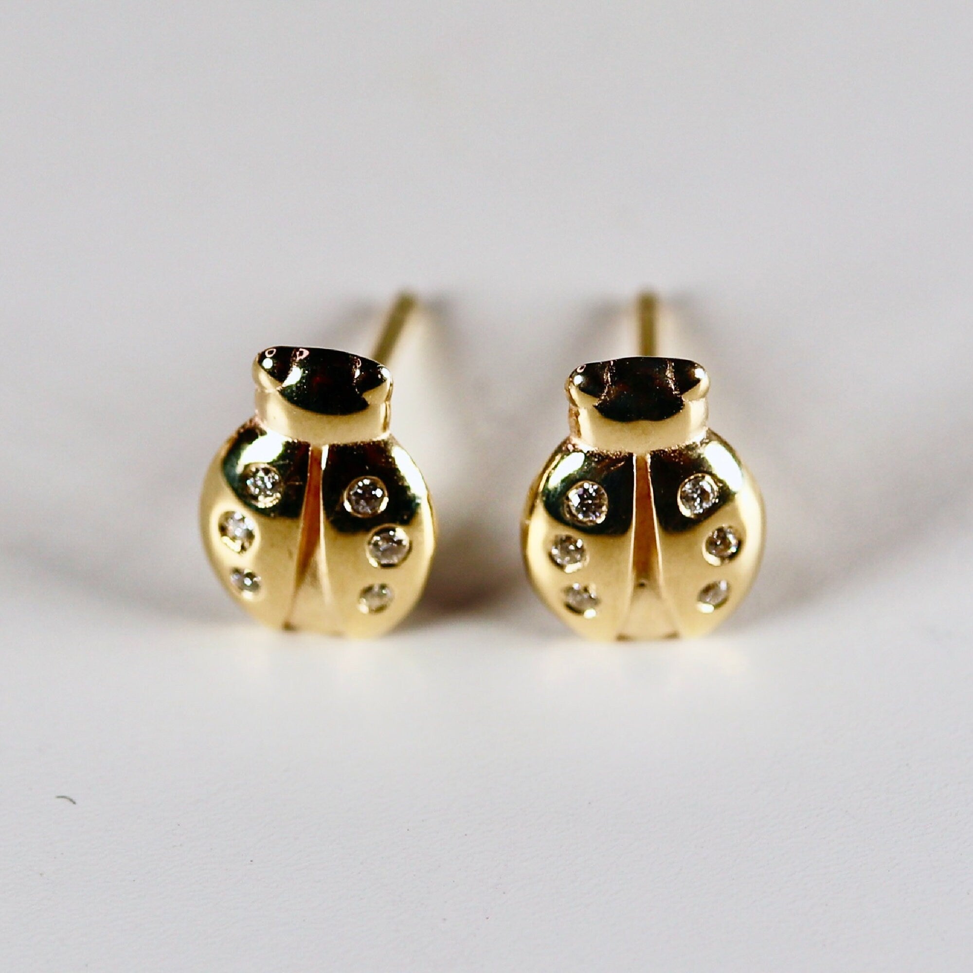 Ladybug Earrings 14k Gold, Diamond Lady Bug Studs, Lucky Earrings, Minimalist Solid Gold Ladybird Earrings, Nature Lover Gift, Teen Jewelry