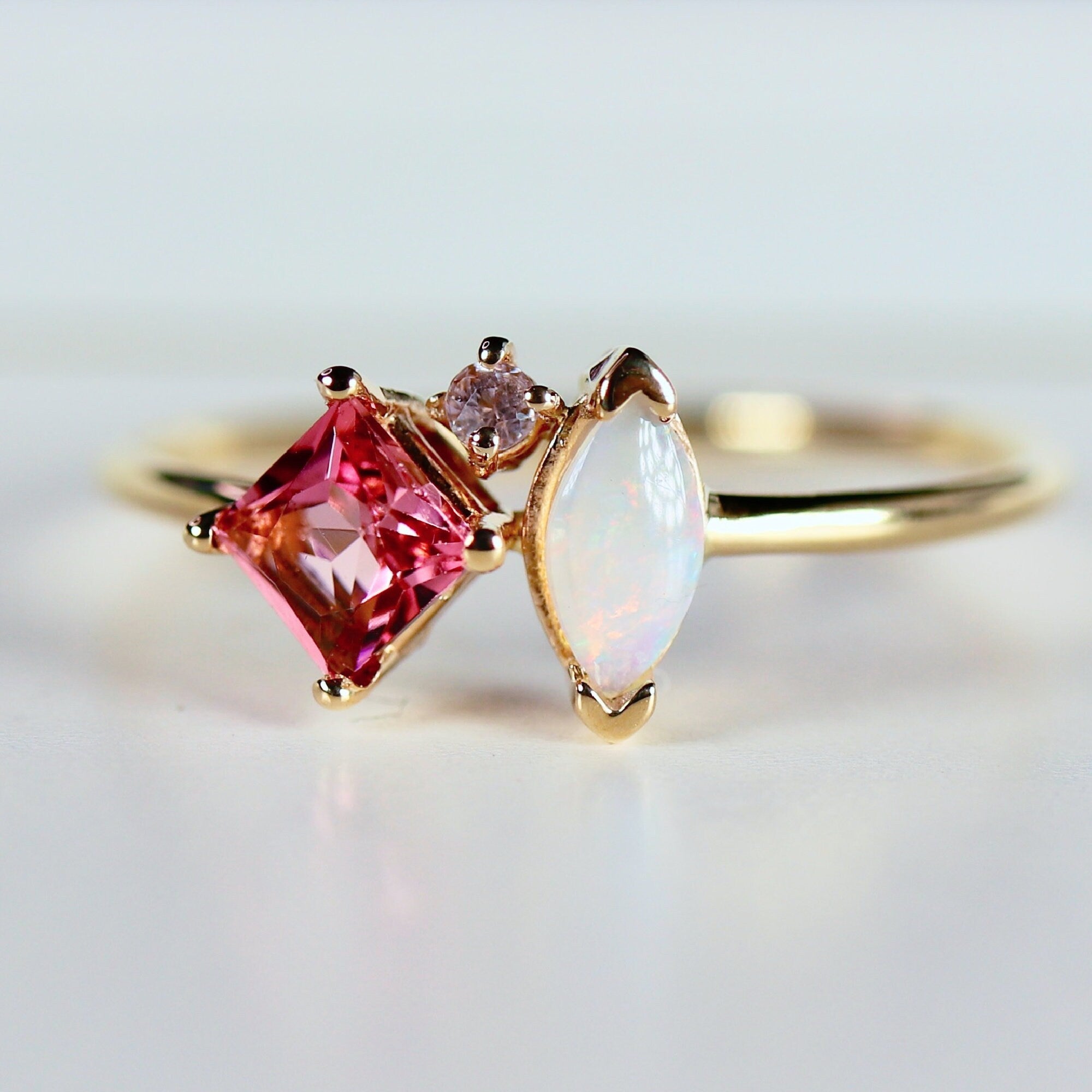 Pink Tourmaline, Opal Cluster Ring 14k Gold,Diamond and Tourmaline Ring, Colorful Engagement Ring, Sapphire, Family Birthstone Ring