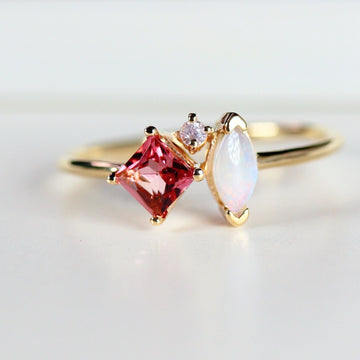 Pink Tourmaline, Opal Cluster Ring 14k Gold,Diamond and Tourmaline Ring, Colorful Engagement Ring, Sapphire, Family Birthstone Ring