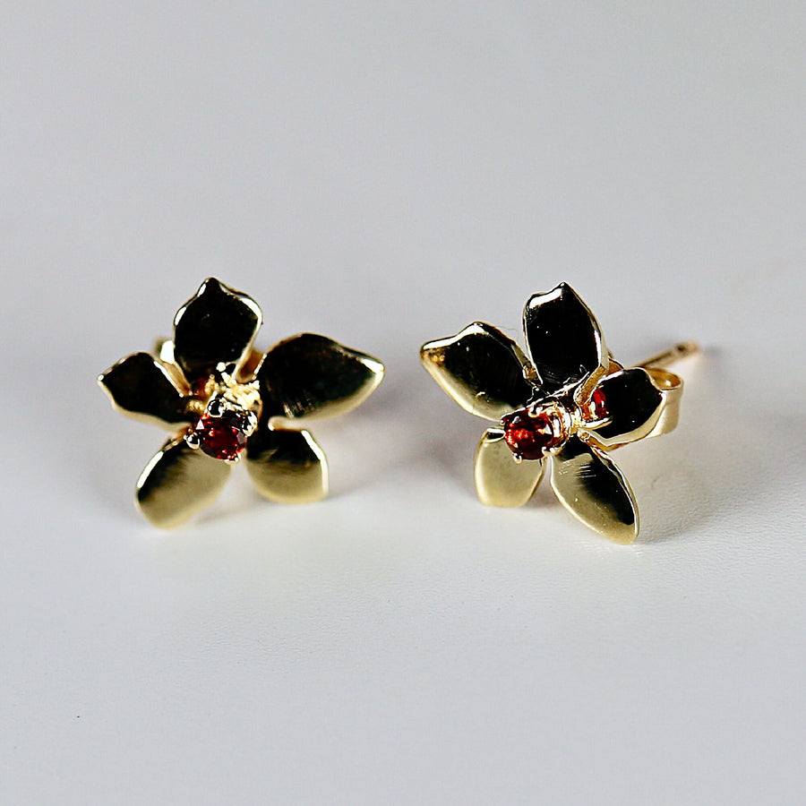 Sakura Cherry Blossom Earrings 14k Gold, Unique Handmade Garnet Stud Earrings, Flower Earrings with Gemstone, Unique Gemstone Earrings