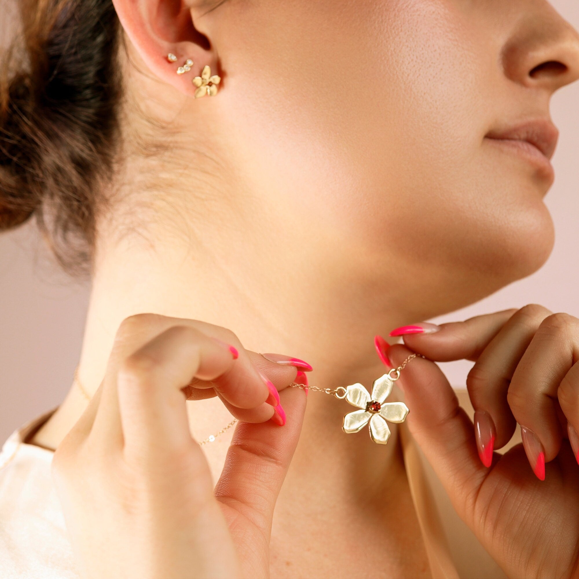 Sakura Cherry Blossom Earrings 14k Gold, Unique Handmade Garnet Stud Earrings, Flower Earrings with Gemstone, Unique Gemstone Earrings