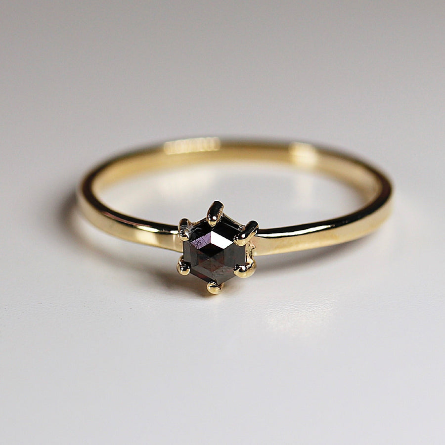 Hexagon Black Diamond Ring, 6 Prong Solitaire Ring, Solid 14k Gold Rustic Diamond Stacking Ring, Proposal Ring, Unique Ring