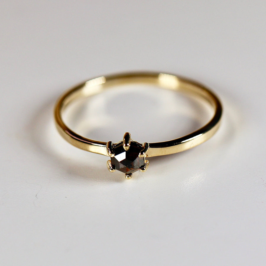 Hexagon Black Diamond Ring, 6 Prong Solitaire Ring, Solid 14k Gold Rustic Diamond Stacking Ring, Proposal Ring, Unique Ring