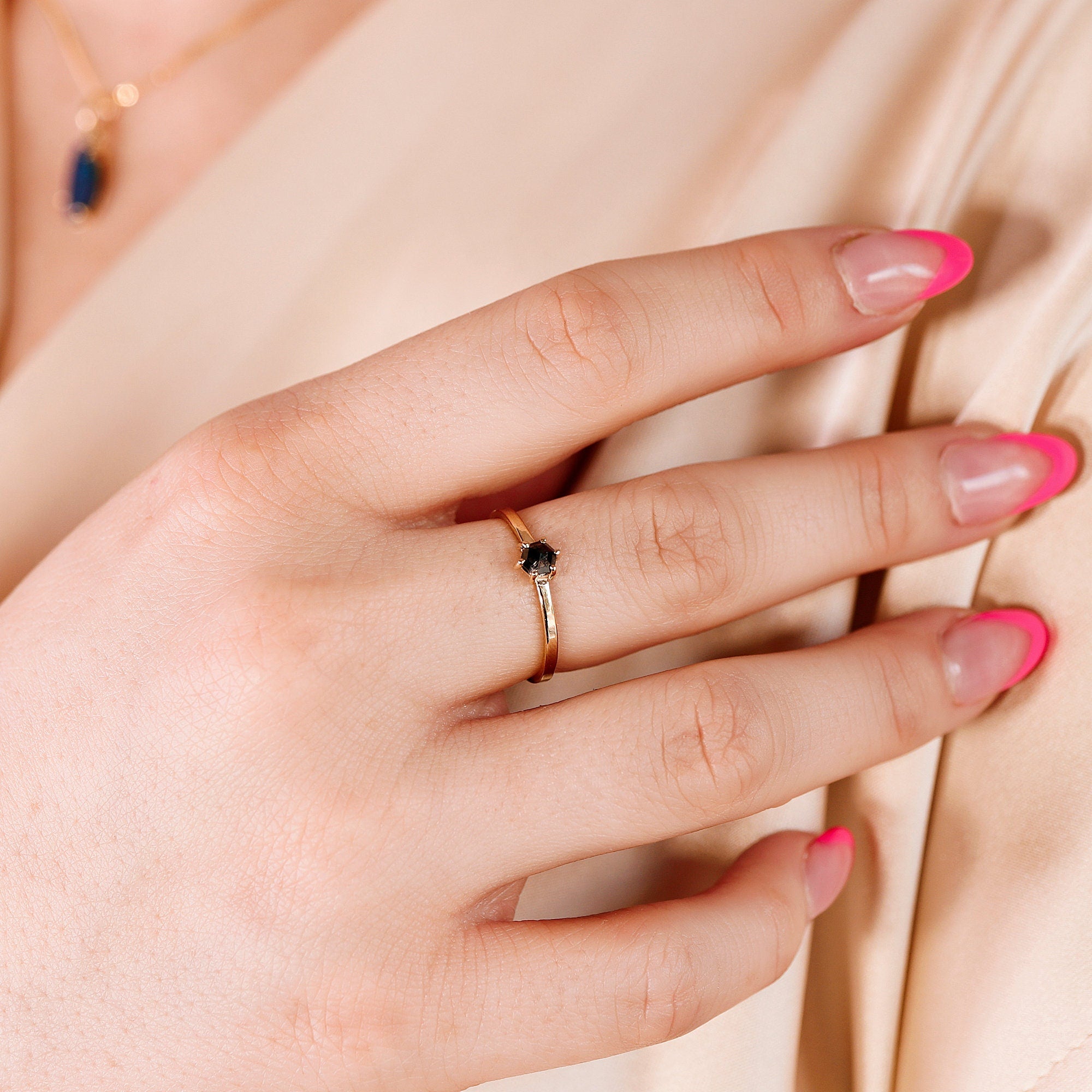 Hexagon Black Diamond Ring, 6 Prong Solitaire Ring, Solid 14k Gold Rustic Diamond Stacking Ring, Proposal Ring, Unique Ring